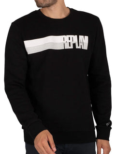 Moletom Replay Masculino Crewneck Brand Stripes Preto