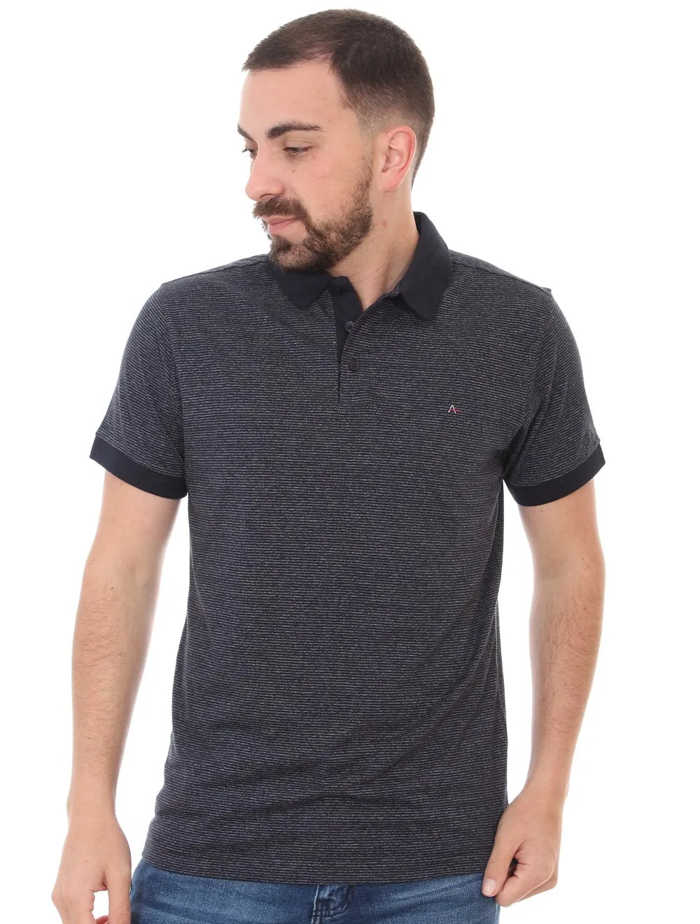 Polo Aramis Masculina Malha Listra Mesclada Azul Marinho