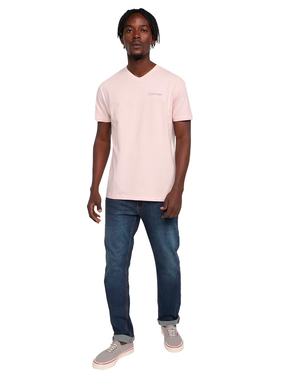 Camiseta Calvin Klein Swimwear Masculina V-Neck Slim Fit Logo Rosa Claro