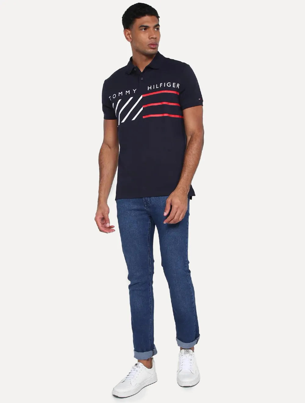 Polo Tommy Hilfiger Masculina Regular Piquet Brand Love Print Azul Marinho