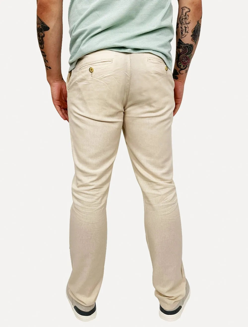 Calça King & Joe Sarja Masculina Slim Linho Buttons Areia