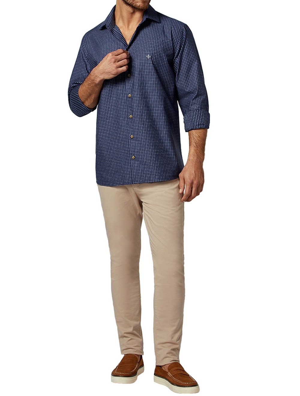 Camisa Dudalina Masculina Comfort Slub Cotton Xadrez Azul Marinho