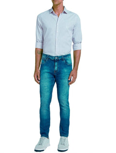 Camisa Dudalina Masculina Slim Superfine Cotton Mini Xadrez Azul/Branca