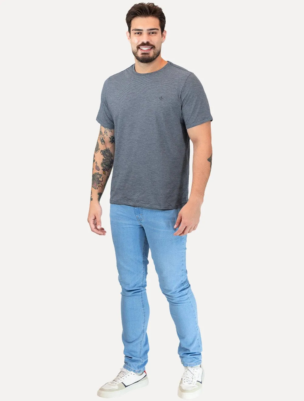 Camiseta Dudalina Masculina Mini Stripes Azul Marinho