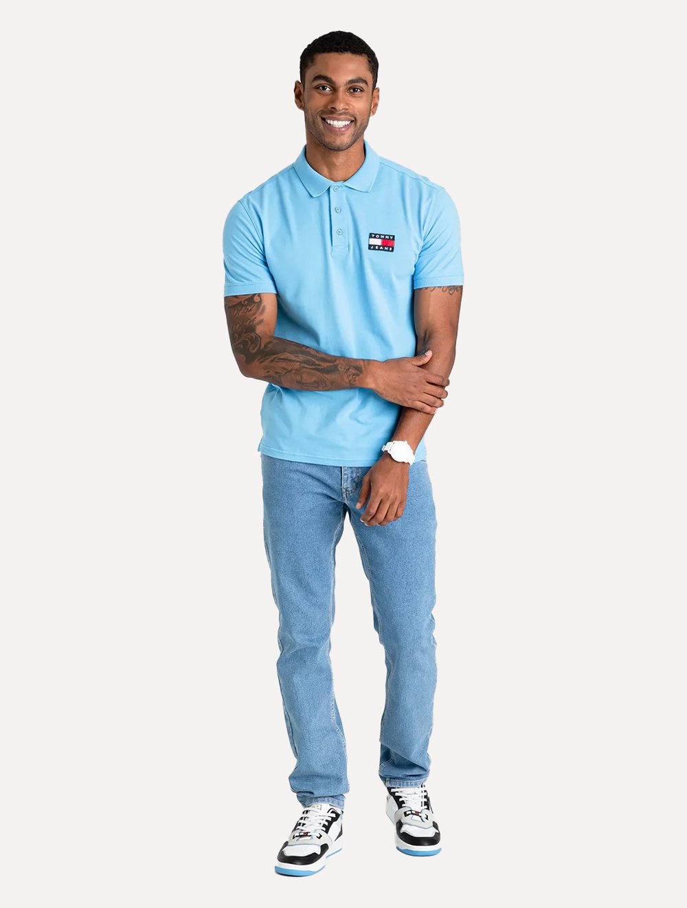 Polo Tommy Jeans Masculina Regular Classic Flag Badge Azul Celeste