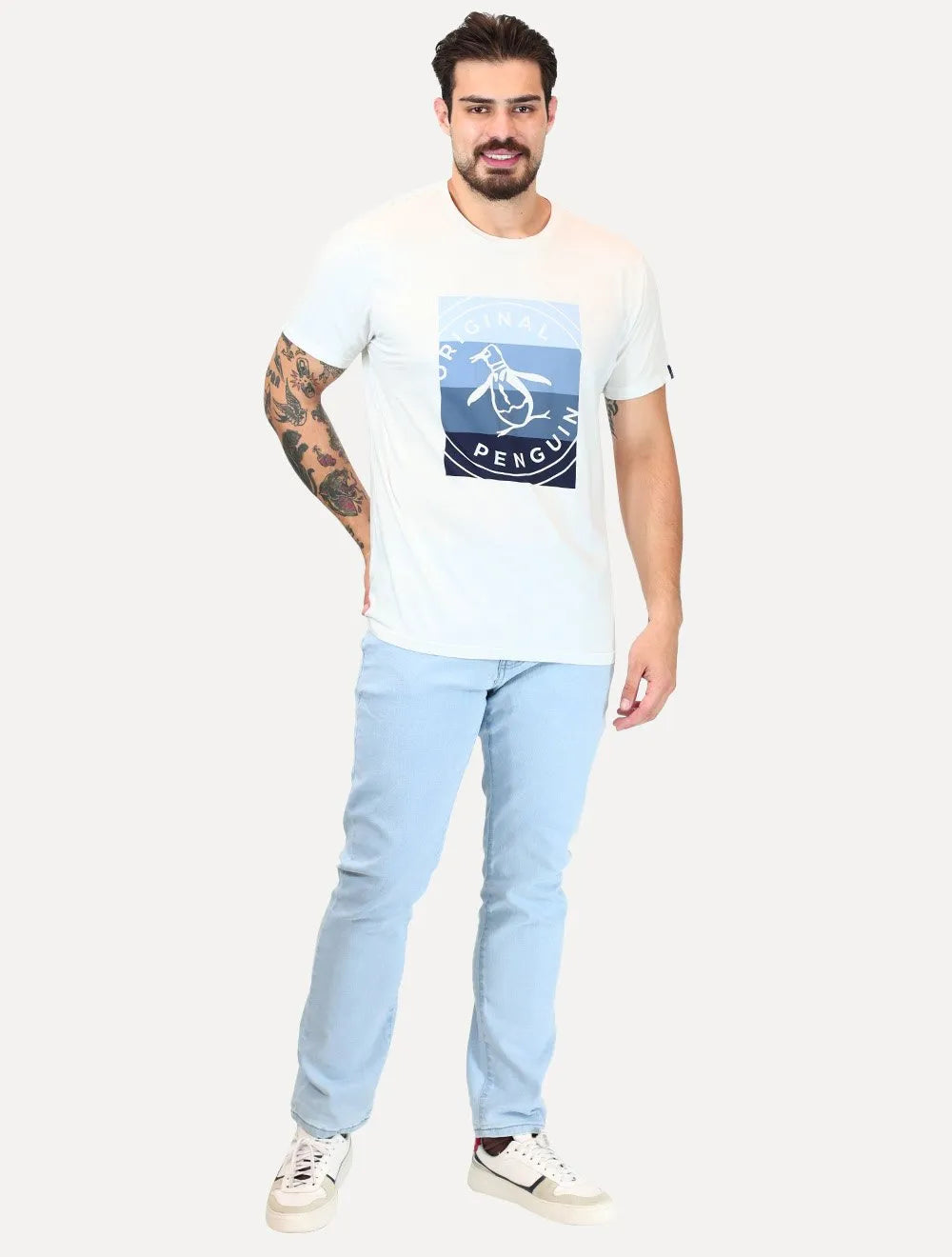 Camiseta Original Penguin Masculina Logo Listras Branca
