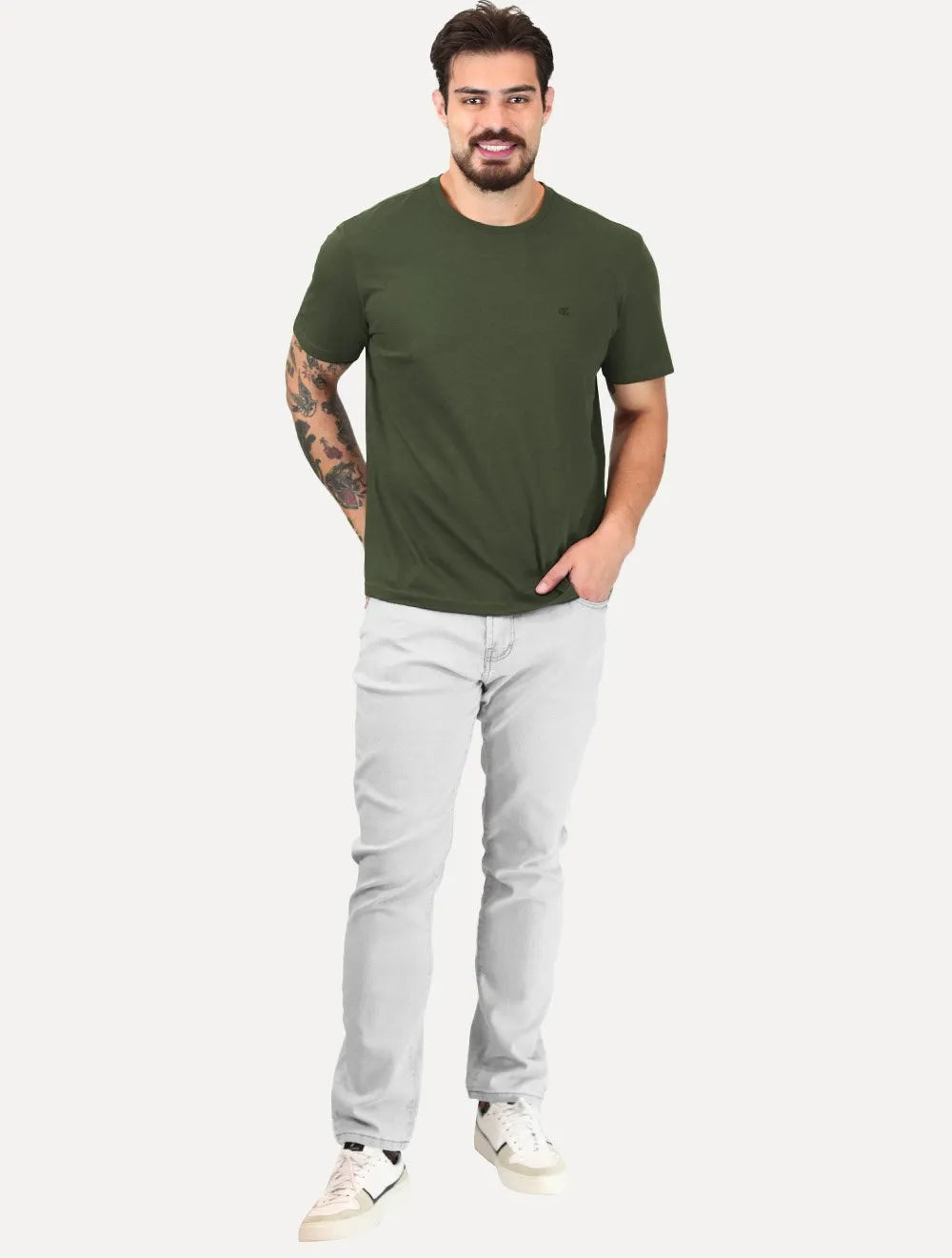 Camiseta Calvin Klein Jeans Masculina CK Bordado Peito Verde Militar