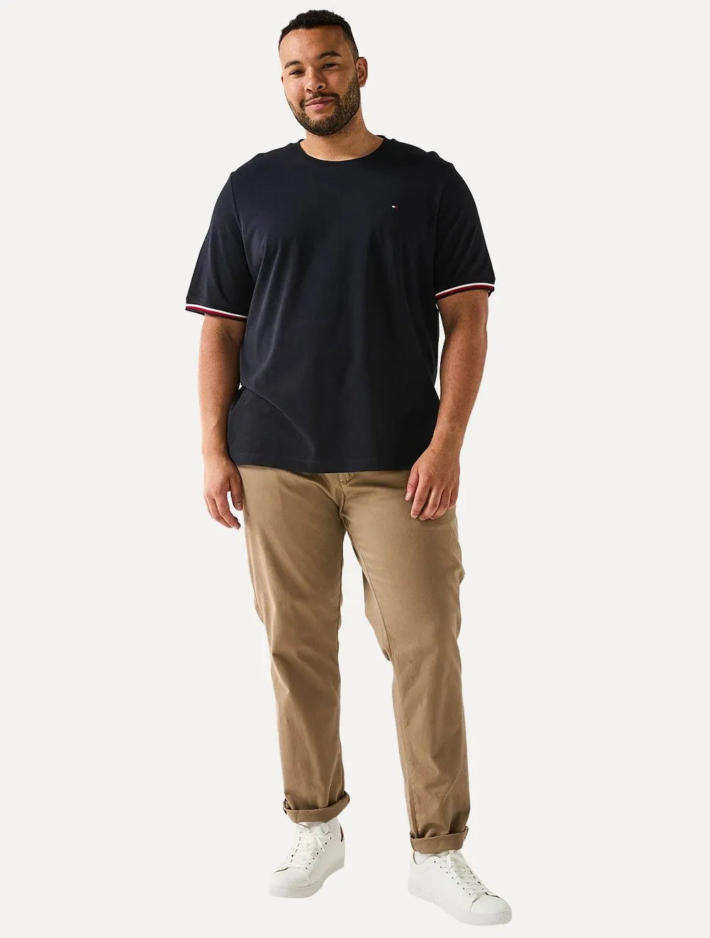 Camiseta Tommy Hilfiger Masculina Plus Size Piquet Global Stripe Cuff Marinho