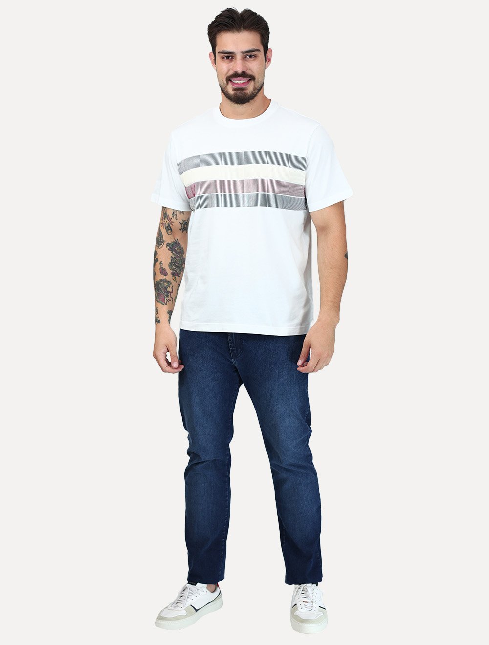 Camiseta Tommy Hilfiger Masculina Regular Shadow Global Stripe Branca
