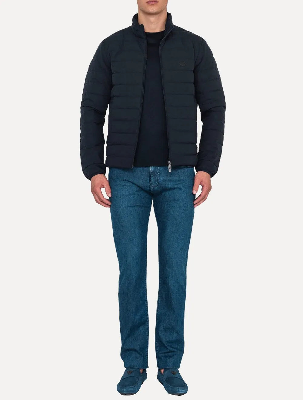 Jaqueta Empório Armani Masculina Matelassê Full-Zip Black Logo Azul Marinho