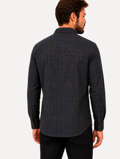 Camisa Dudalina Masculina Slim Slub Cotton Flame Xadrez Azul Marinho