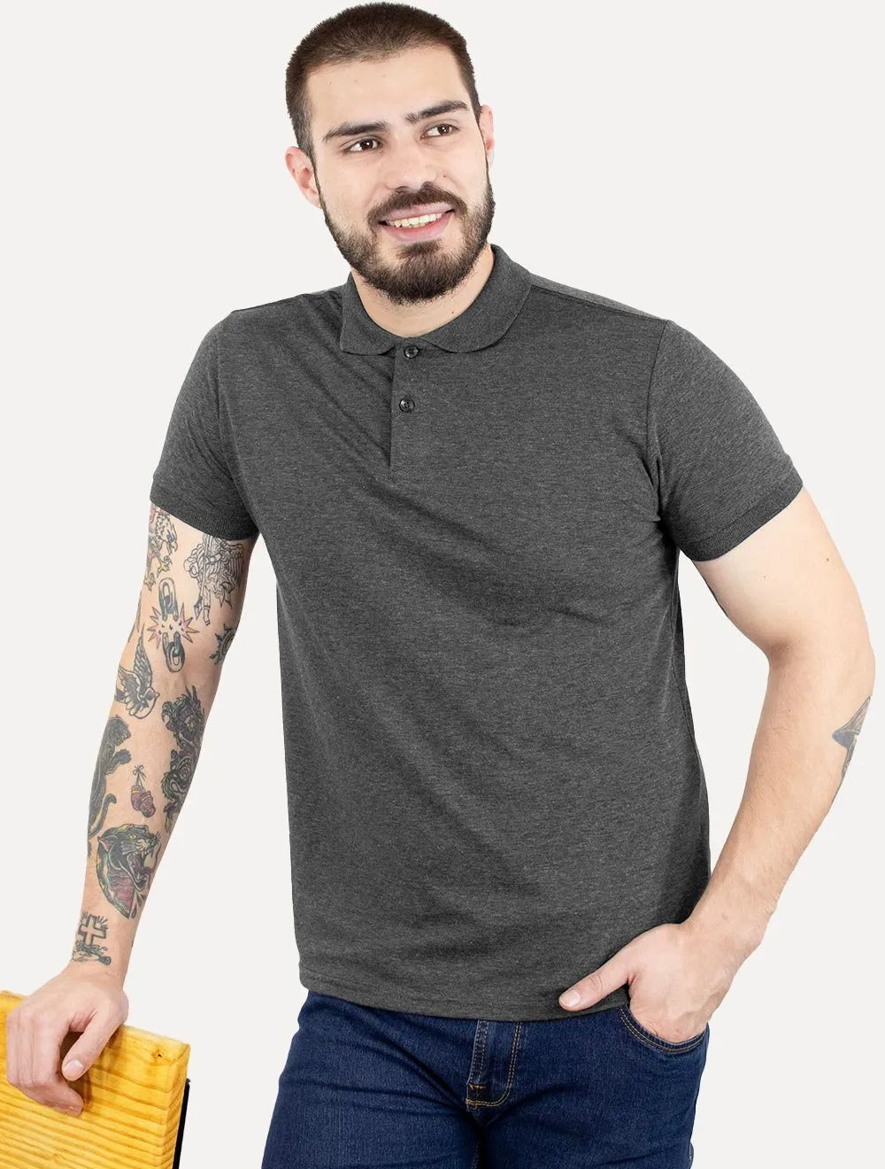 Polo Dixen Masculina Piquet Gola Lisa Chumbo Mescla