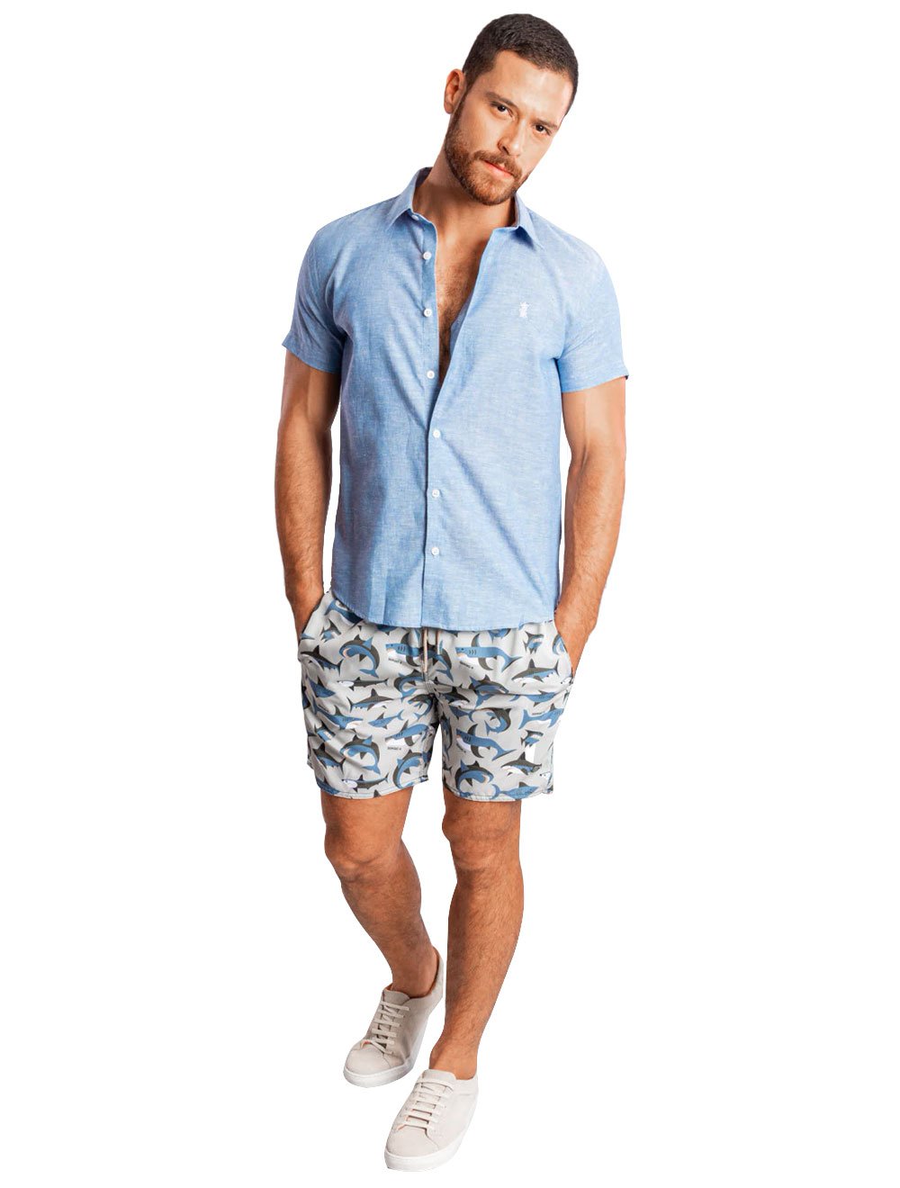 Camisa Sergio K Masculina Manga Curta Regular Linho Casual Azul Mescla
