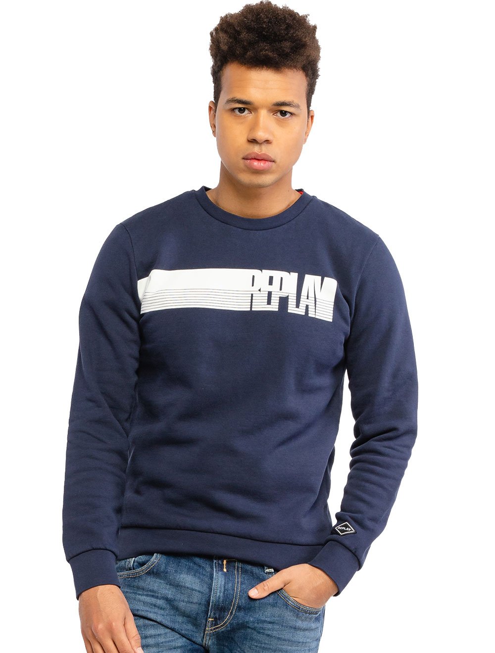 Moletom Replay Masculino Crewneck Brand Stripes Azul Marinho