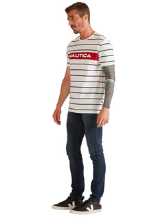 Polo Nautica Masculina Piquet Navy Stripes Block Branca