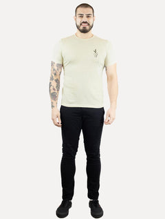 Camiseta Individual Slim Malha Linho Estampa Cáqui Claro Mescla