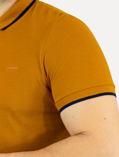 Polo Colcci Masculina Piquet Navy Frisos Orange Logo Amarelo Escuro