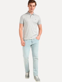 Polo Tommy Hilfiger Masculina Malha Liquid Cotton Striped Cinza Mescla