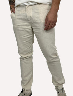 Calça King & Joe Sarja Masculina Slim Linho Elastano Off-White