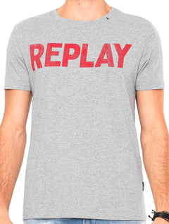 Camiseta Replay Masculina Stamp Silk Red Logo Cinza Mescla