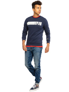 Moletom Replay Masculino Crewneck Brand Stripes Azul Marinho