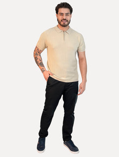 Polo Dixen Masculina Tricot Texturizada Manga Curta Ziper Cáqui Médio