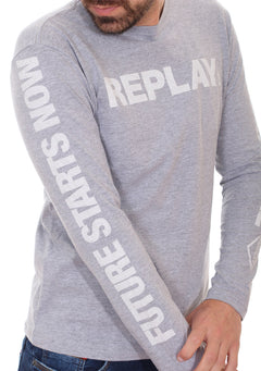 Camiseta Replay Masculina Manga Longa Logo Chest Cinza Mescla