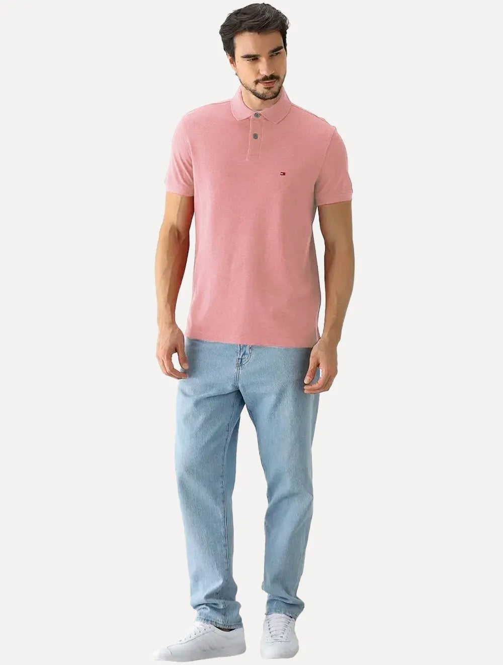 Polo Tommy Hilfiger Masculina Regular Piquet 1985 Rosa Claro Mescla