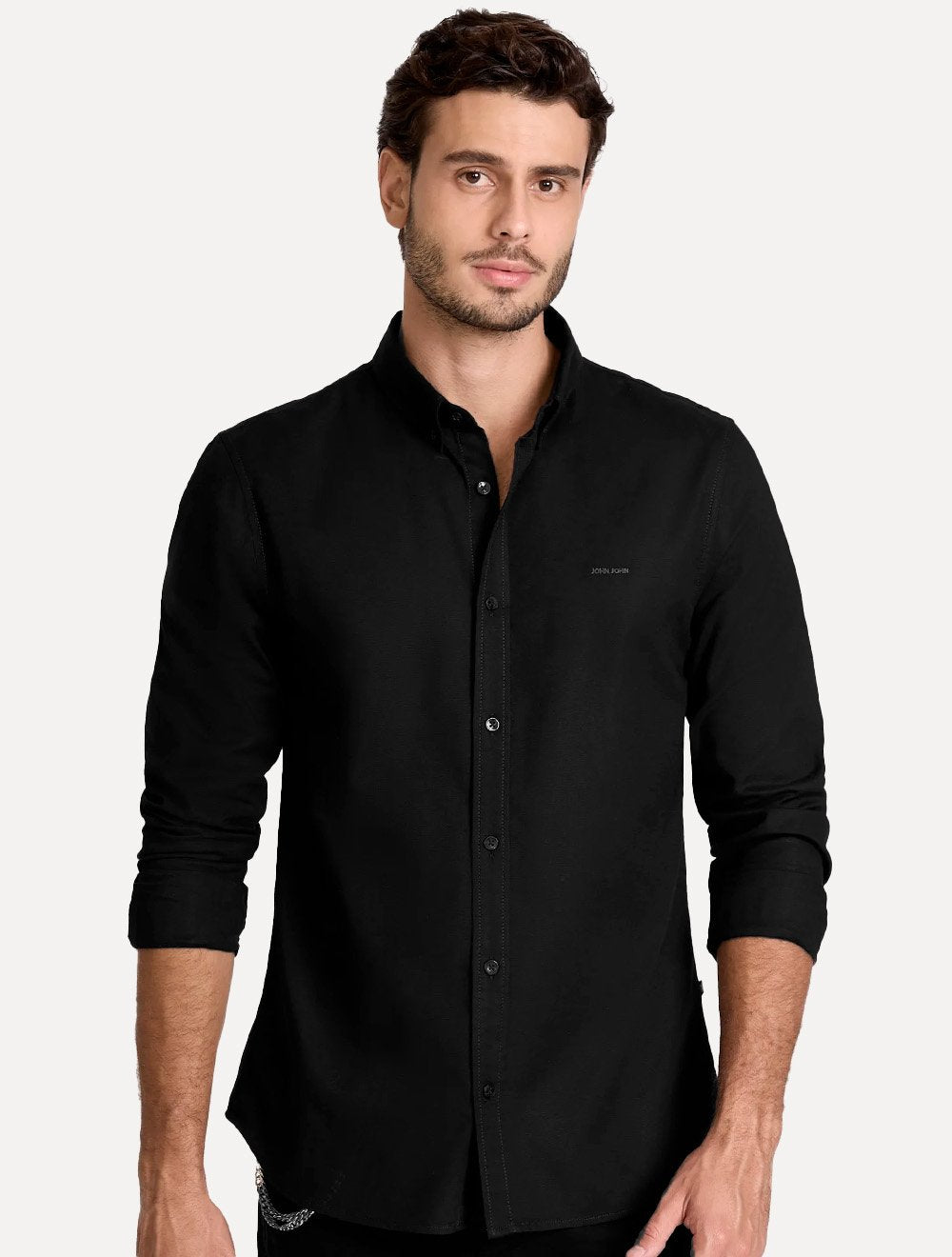 Camisa John John Masculina Slim Oxford Dark Logo Preta