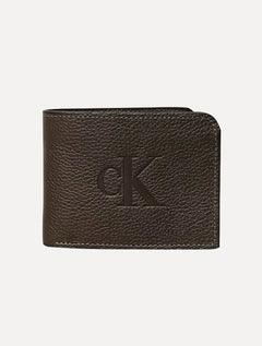 Carteira Calvin Klein Jeans Masculina Couro Queima Center Logo CK Marrom Café