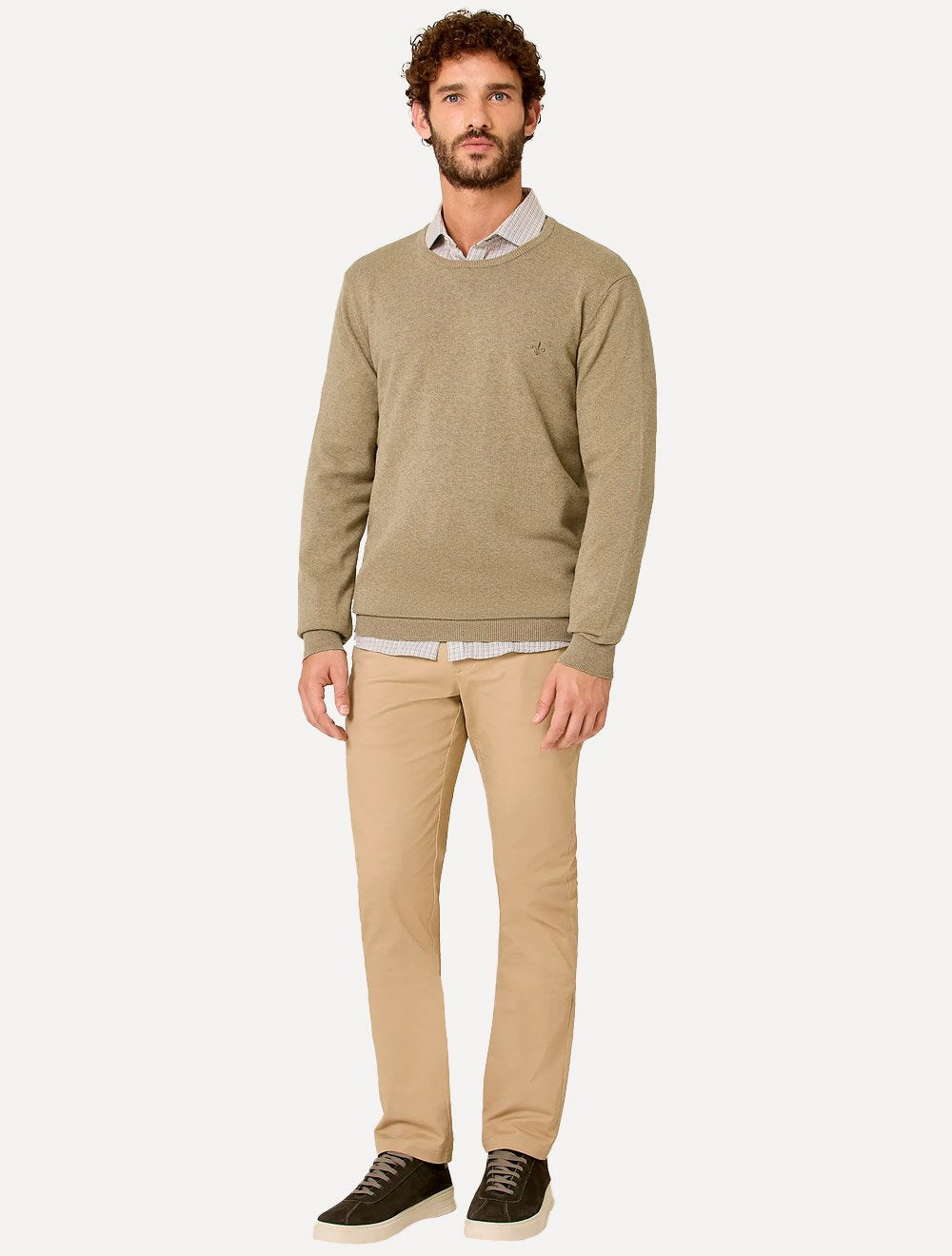Suéter Dudalina Masculino Tricot Crewneck Melange Cotton Cáqui