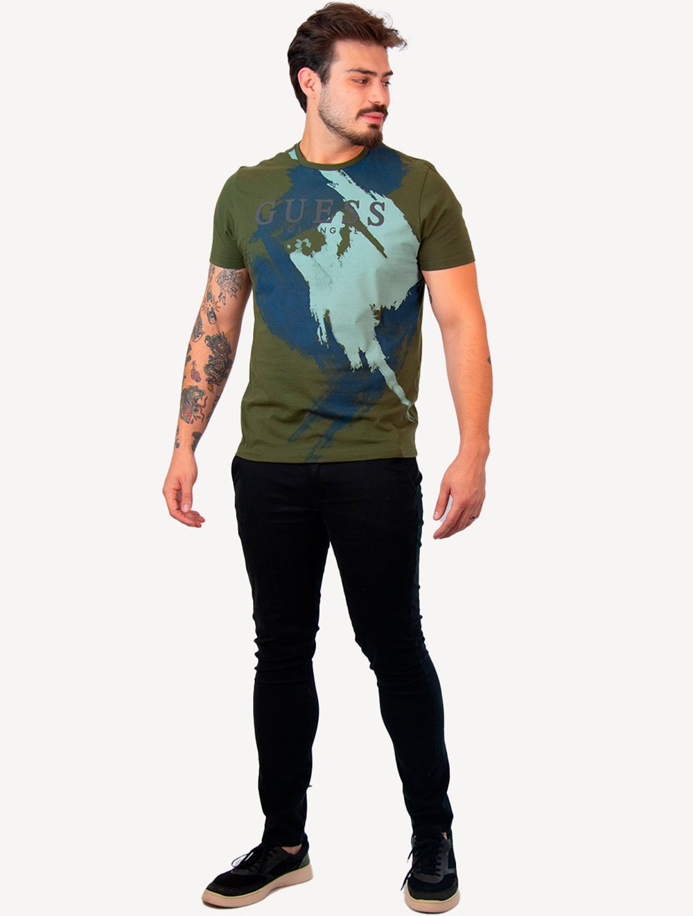 Camiseta Guess Masculina Watercolor Grunge Verde Militar