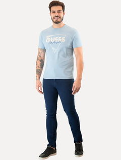 Camiseta Guess Masculina Triângulo Los Angeles Relevo Peito Azul Claro