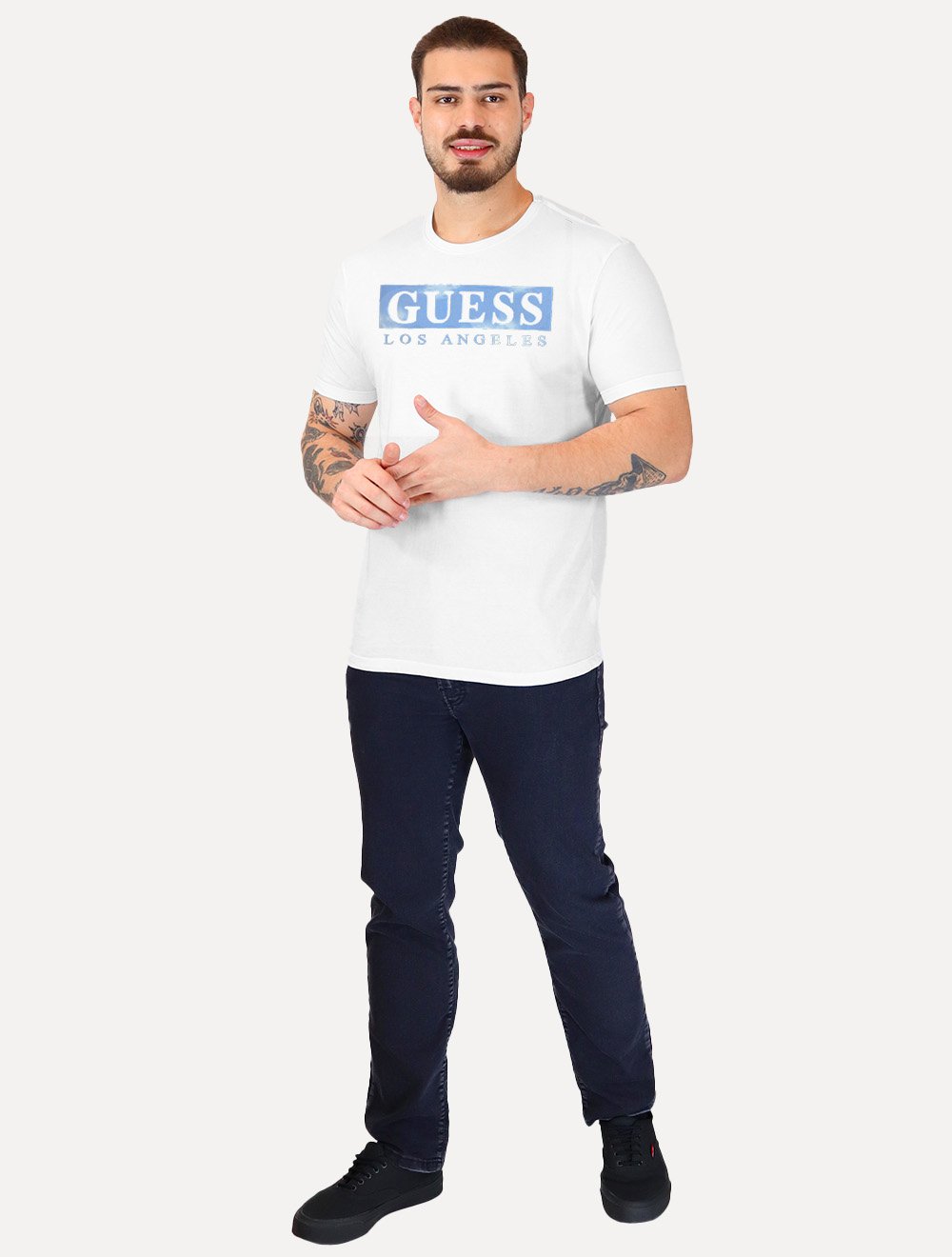 Camiseta Guess Masculina Logo Los Angeles Sky Block Branca
