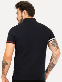 Polo Tommy Hilfiger Masculina Slim Piquet Classic Flag Cuff Azul Marinho