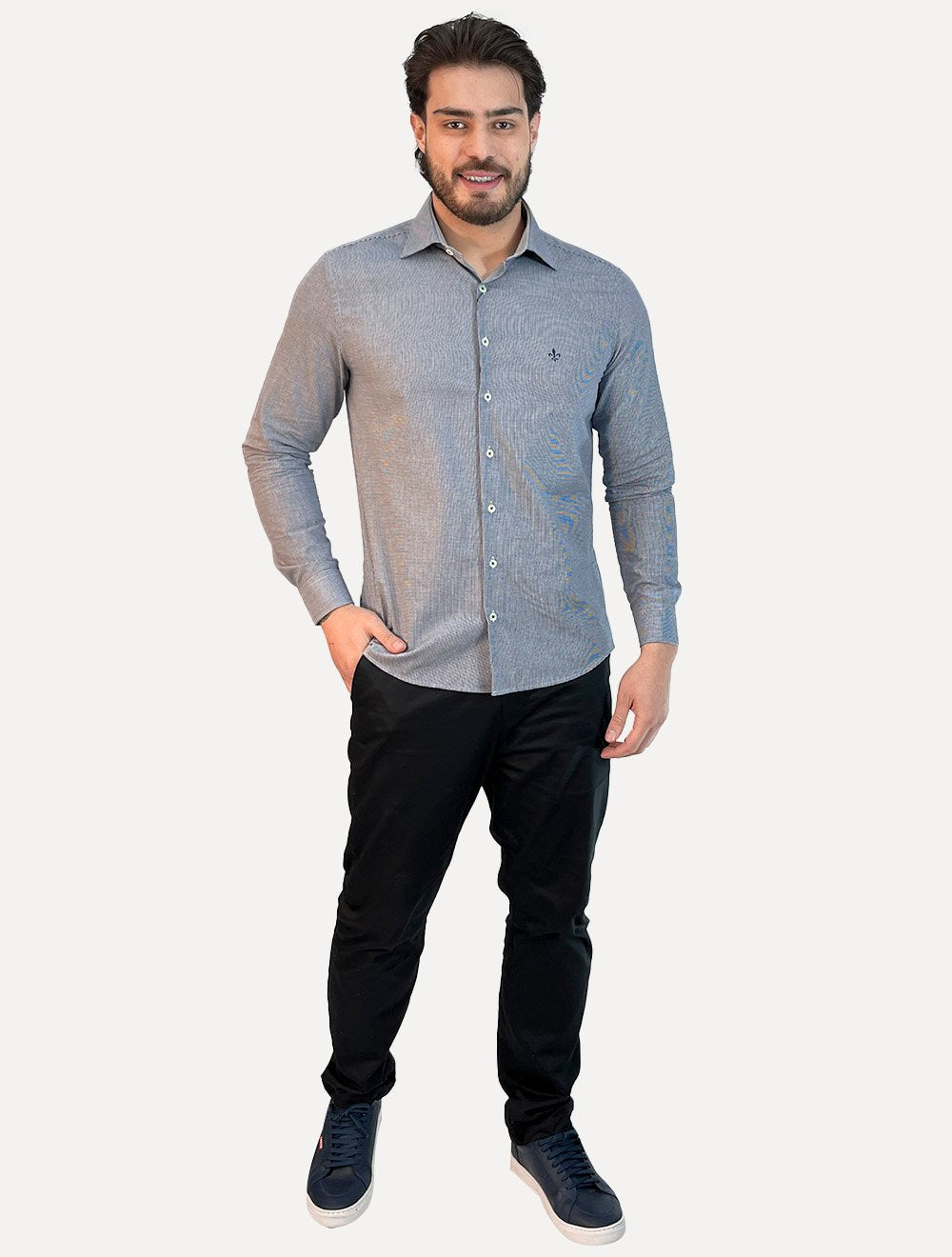 Camisa Dudalina Masculina Superfine Slim Tricoline Quadriculado Mono Logo Azul Marinho