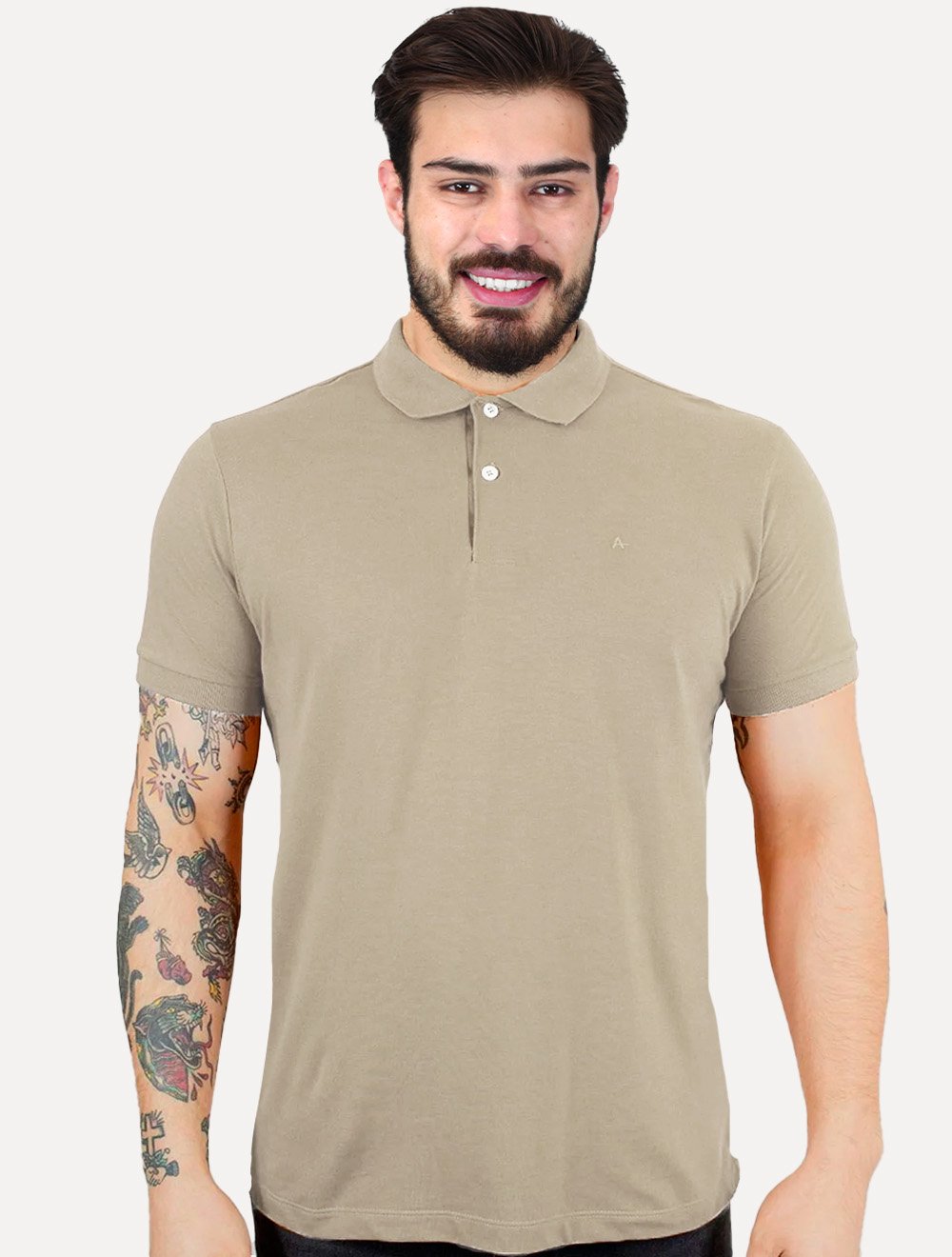 Polo Aramis Masculina Regular Basic Piquet Mono Logo Caqui Escuro