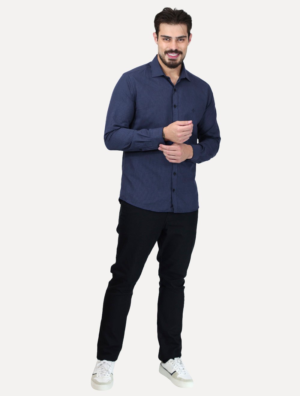Camisa Dudalina Masculina Slim Superfine Cotton Xadrez Grid Azul Marinho