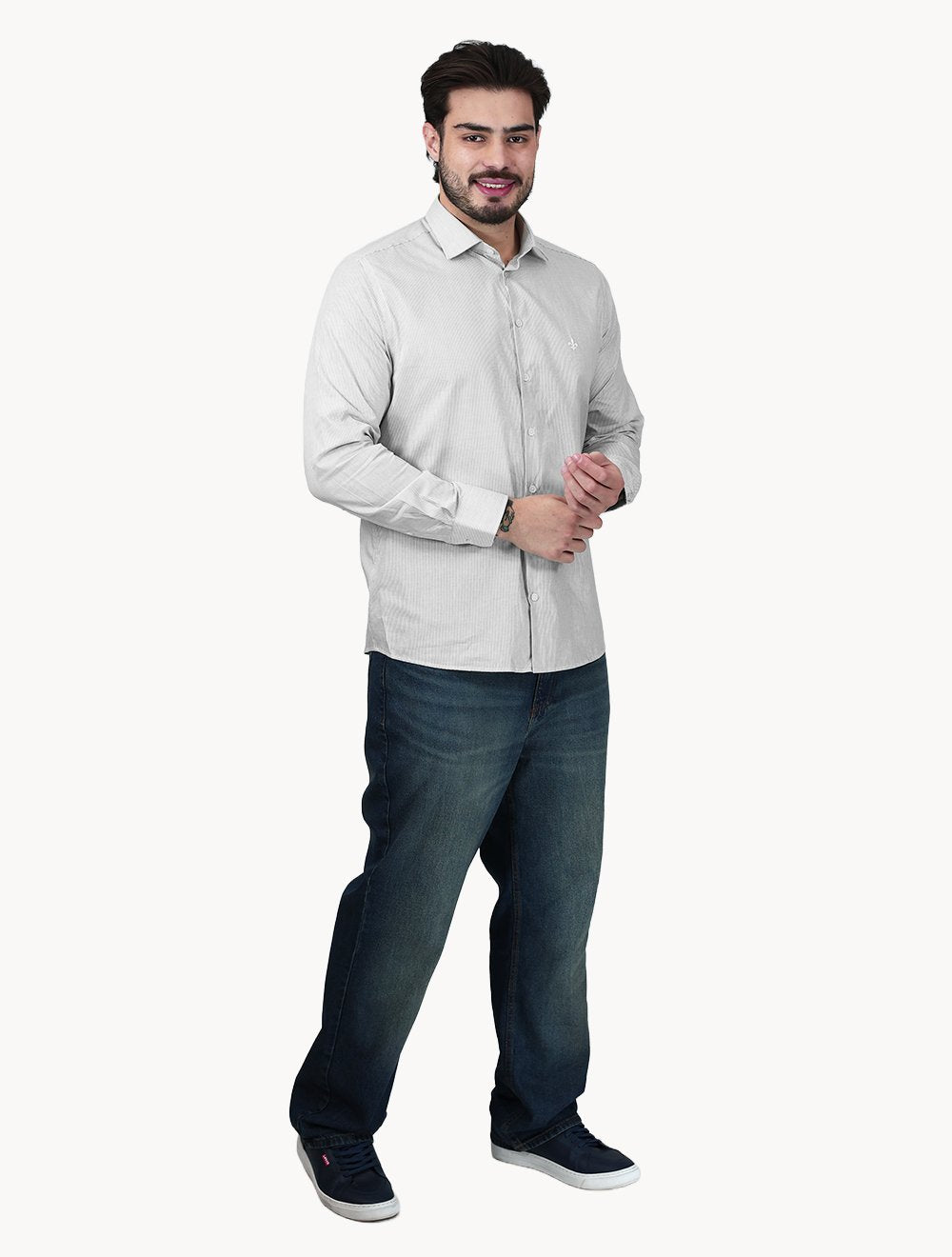Camisa Dudalina Masculina Slim Superfine Cotton Listrada Light Verde Escuro