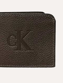 Carteira Calvin Klein Jeans Masculina Couro Queima Center Logo CK Marrom Café