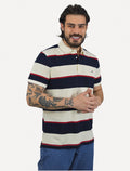 Polo Tommy Hilfiger Masculina Slim Piquet 1985 Azul Marinho Listrado Off-White