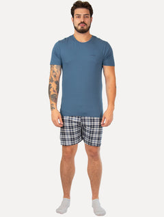 Pijama Calvin Klein Short Curto Viscolight Xadrez Logo Azul Médio