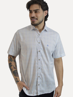 Camisa Dudalina Masculina Manga Curta Slim Flamê Blue Xadrez Branca
