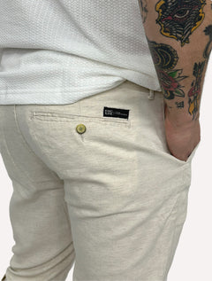 Calça King & Joe Sarja Masculina Slim Linho Elastano Off-White