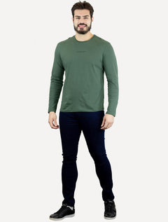 Camiseta Calvin Klein Jeans Masculina Manga Longa Institutional Grey Logo Verde Médio