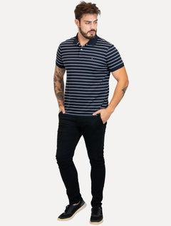 Polo Tommy Hilfiger Masculina Malha Liquid Cotton Striped Azul Marinho