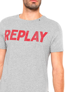 Camiseta Replay Masculina Stamp Silk Red Logo Cinza Mescla