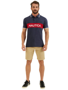 Polo Nautica Piquet Frisos Logo Colorblock Azul Marinho