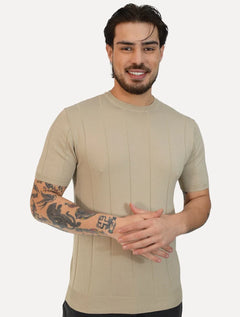 Camiseta Dixen Masculina Tricot Manga Curta Friso Vertical Gola Careca Areia