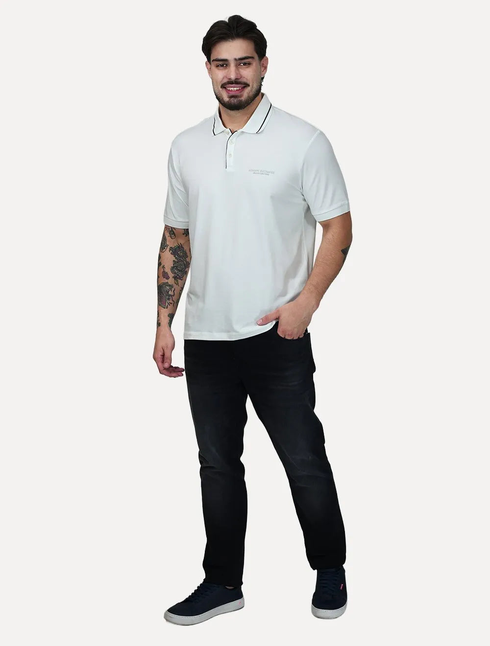 Polo Armani Exchange Masculina Regular Fit Jersey Off White